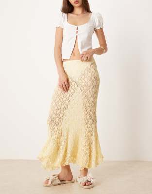 Asos Design Lace Midi Skirt With Godet Hem In Yellow