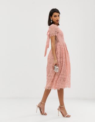 asos design lace midi dress with ribbon tie and open back