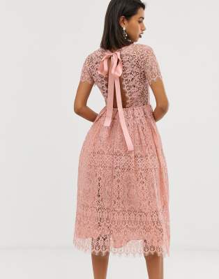 asos design lace midi dress with ribbon tie and open back