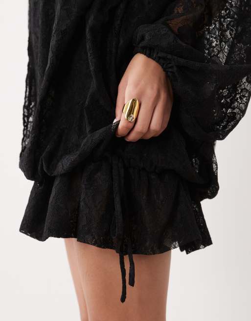 ASOS DESIGN lace mini dress with blouson sleeve and hem detail in black, 2 of 4