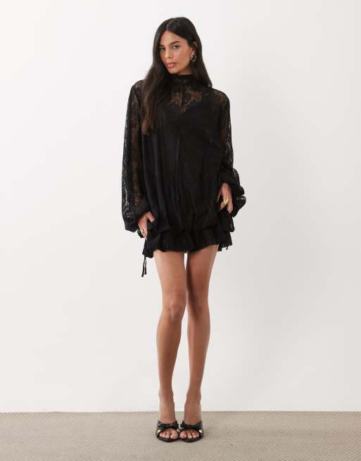 ASOS DESIGN lace mini dress with blouson sleeve and hem detail in black, 3 of 4