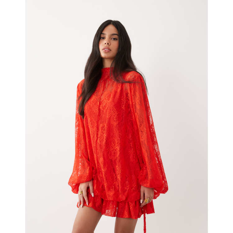 ASOS DESIGN lace mini dress with blouson sleeve and hem detail in red