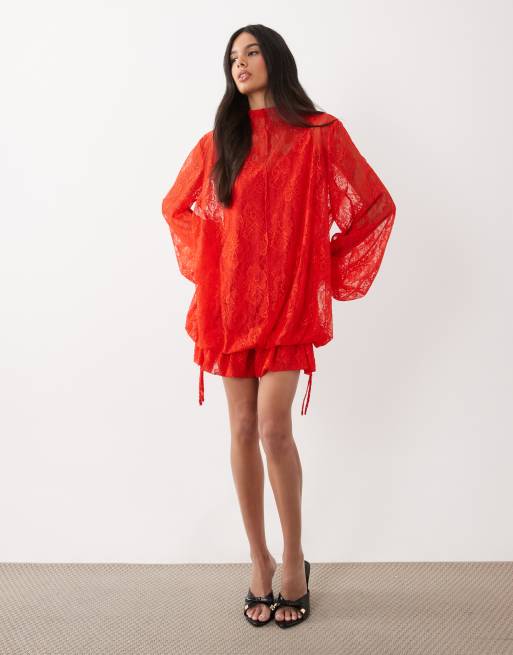 ASOS DESIGN lace mini dress with blouson sleeve and hem detail in red, 2 of 4