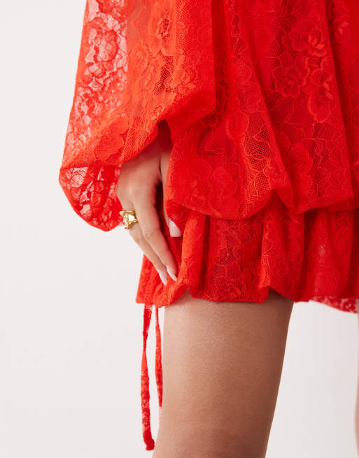 ASOS DESIGN lace mini dress with blouson sleeve and hem detail in red, 4 of 4