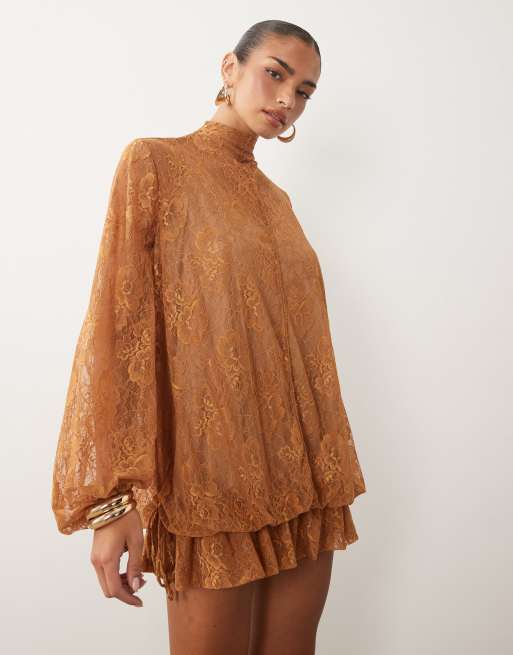 ASOS DESIGN lace mini dress with blouson sleeve and hem detail in tan, 2 of 4