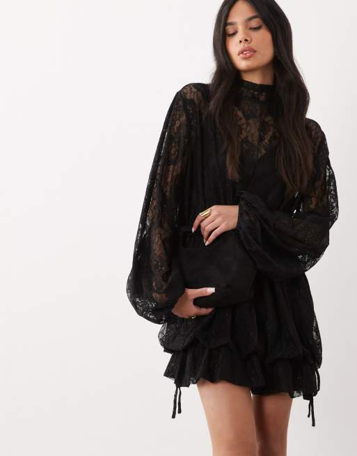black lace dress with bell sleeves ASOS DESIGN mini blouson and hem detail in Size:9½ sheer three DTM_test_5 Found: A Classy &
