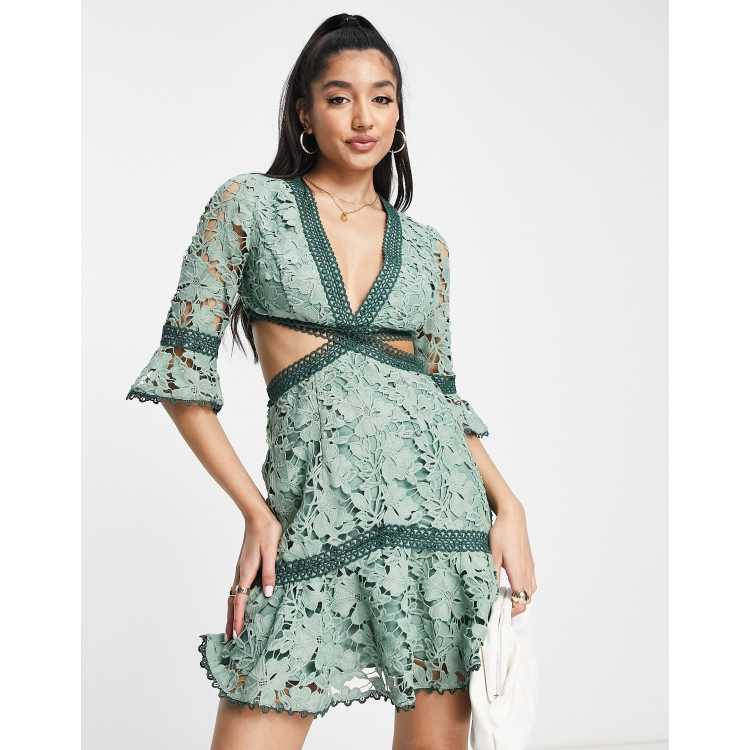 ASOS DESIGN lace mini dress with circle trim and cut out detail in sage  green | ASOS