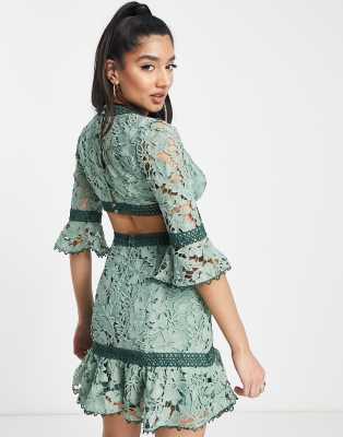ASOS DESIGN lace mini dress with circle trim and cut out detail in sage  green | ASOS