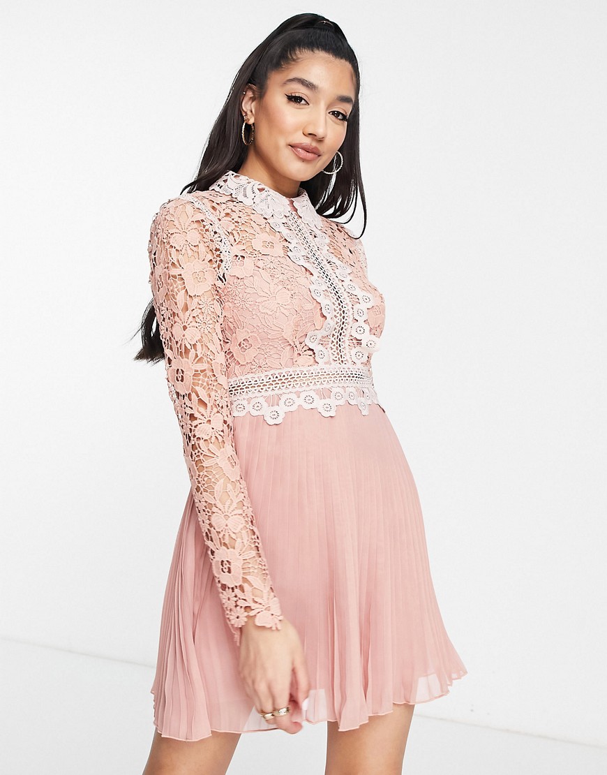 ASOS DESIGN lace mini dress with collar detail and pleated skirt-Pink