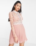 [ASOS DESIGN] ASOS DESIGN lace mini dress with collar detail and pleated skirt-Pink 8 Rose