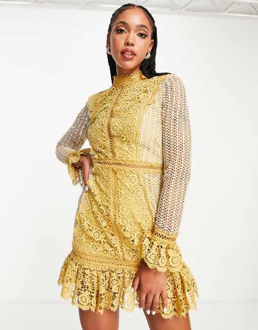 ASOS DESIGN lace mini dress with contrast detail and pep hem in mustard