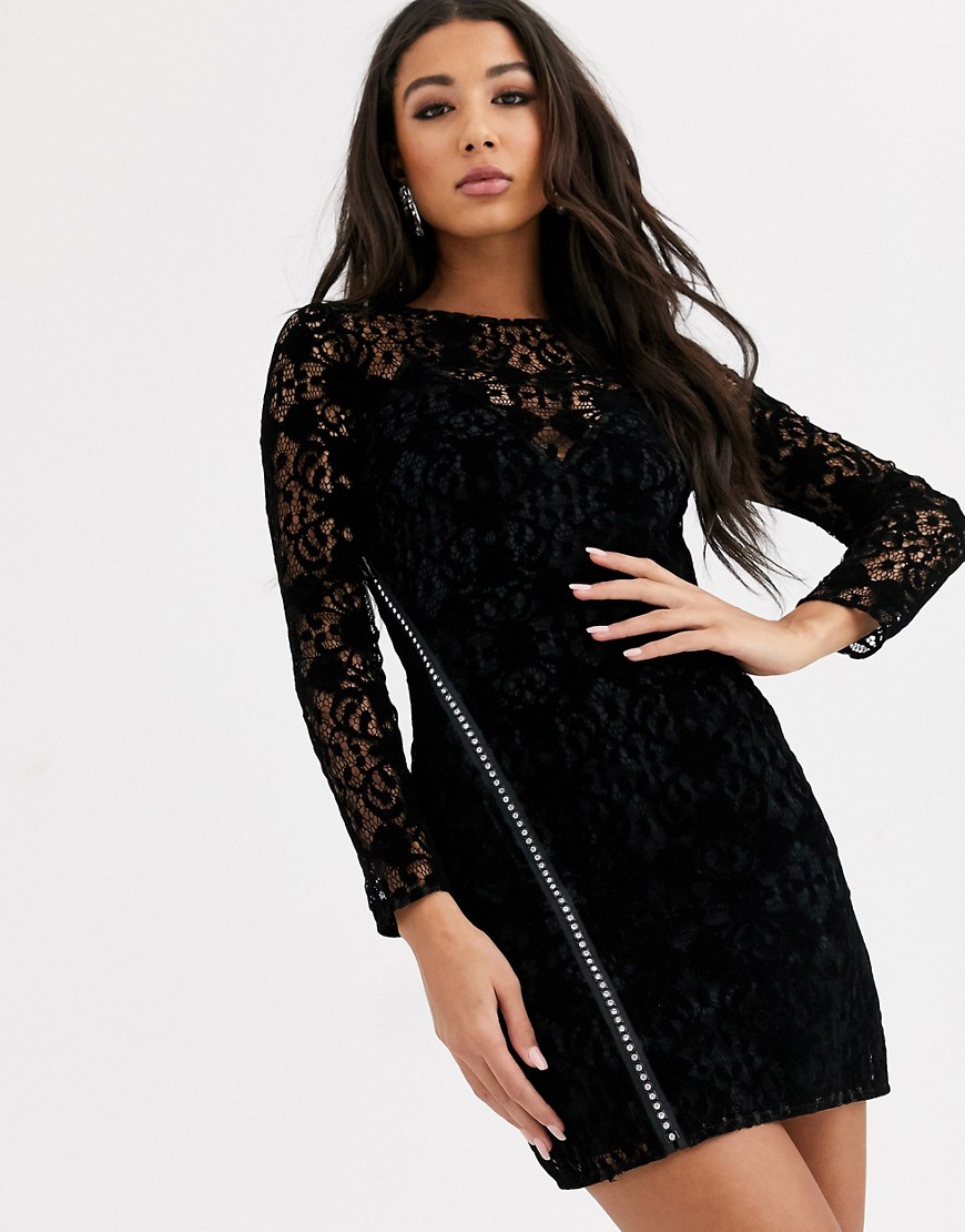 ASOS DESIGN lace mini dress with embellished rhinestone zip detail-Black