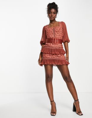 Asos Design Lace Mini Dress With Pleated Chiffon And Satin Belt In Rust-orange