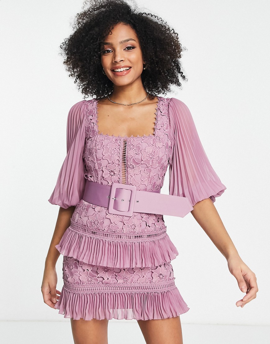 ASOS DESIGN lace mini dress with pleated chiffon and satin belt-Purple