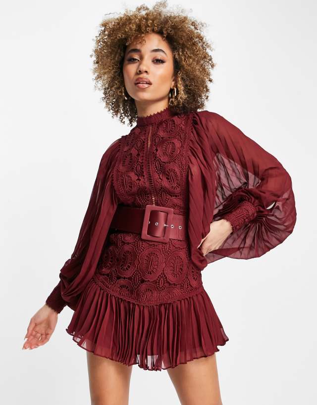 ASOS DESIGN lace mini dress with pleated sleeve and belt in burgundy