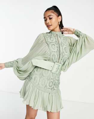 ASOS DESIGN lace mini dress with pleated sleeve and belt in forest green