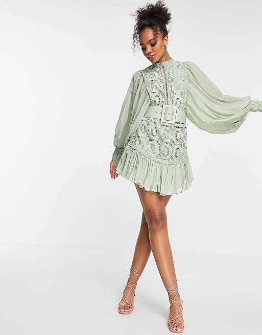 ASOS DESIGN Lace mini dress with pleated sleeve and belt in sage | ASOS