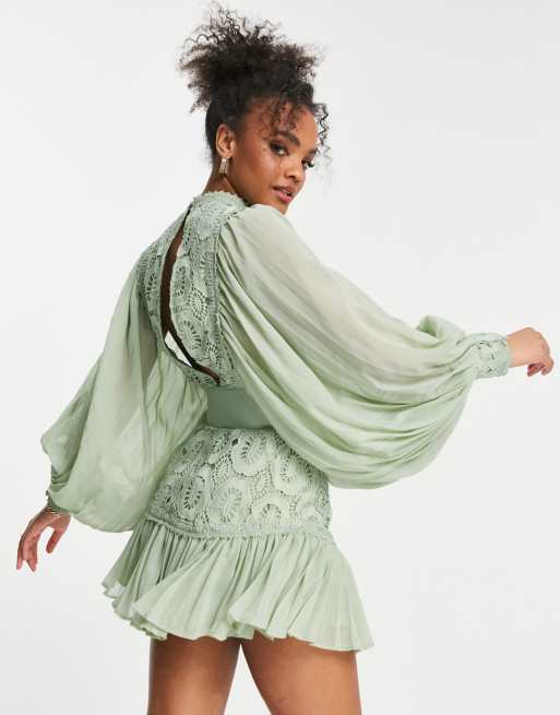 ASOS DESIGN Lace mini dress with pleated sleeve and belt in sage