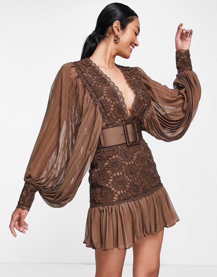 ASOS DESIGN lace mini dress with pleated sleeve and hem with satin belt-Brown
