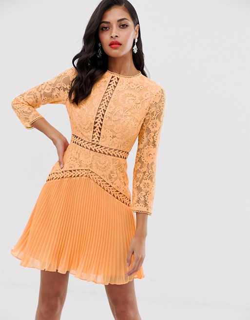 ASOS DESIGN lace mini dress with trim inserts and pleated skirt