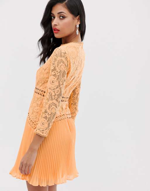 ASOS DESIGN lace mini dress with trim inserts and pleated skirt | ASOS