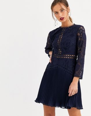 ASOS DESIGN lace mini dress with trim inserts and pleated skirt | ASOS