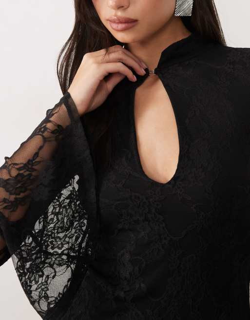 ASOS DESIGN lace mini flute sleeve dress with mandarian collar in black, 3 of 4