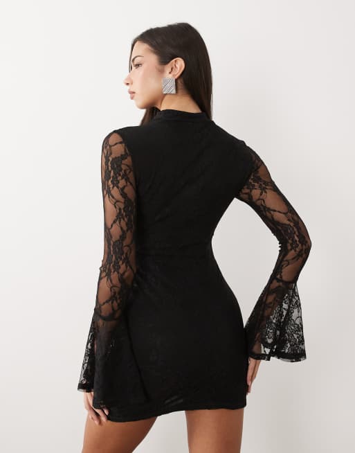 ASOS DESIGN lace mini flute sleeve dress with mandarian collar in black, 4 of 4