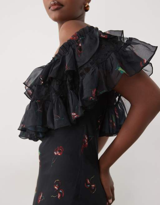 ASOS DESIGN lace mix bardot off shoulder ruffle midi dress in dark cherry print, 2 of 4