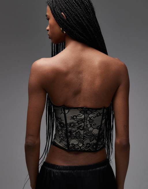 ASOS DESIGN lace mix detail cupped corset top with boning in black, 3 of 4