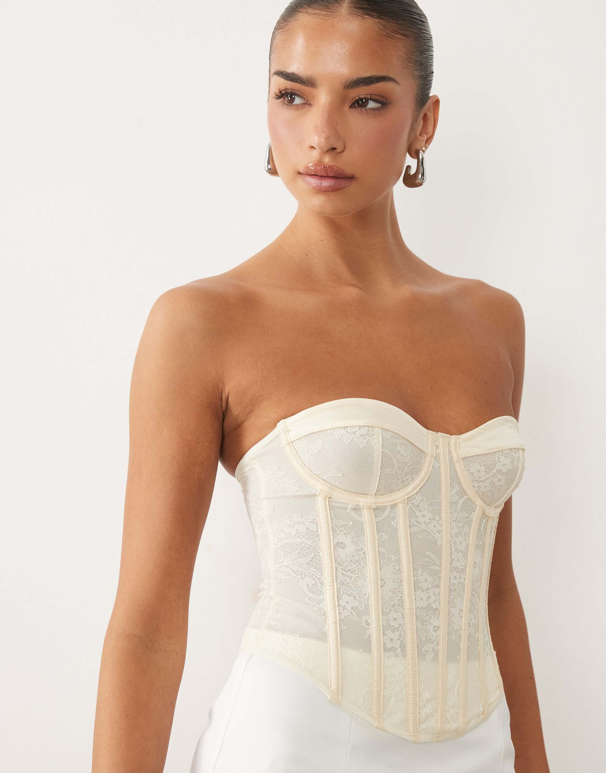asos design lace mix detailing corset top with boning in buttermilk