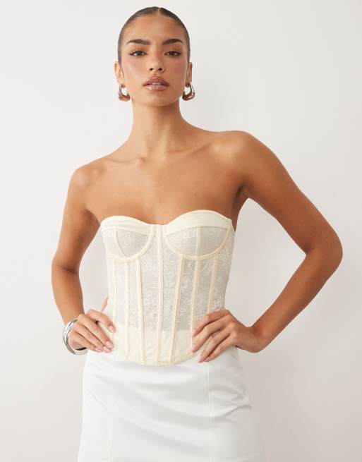 ASOS DESIGN lace mix detailing corset top with boning in buttermilk, 3 of 4