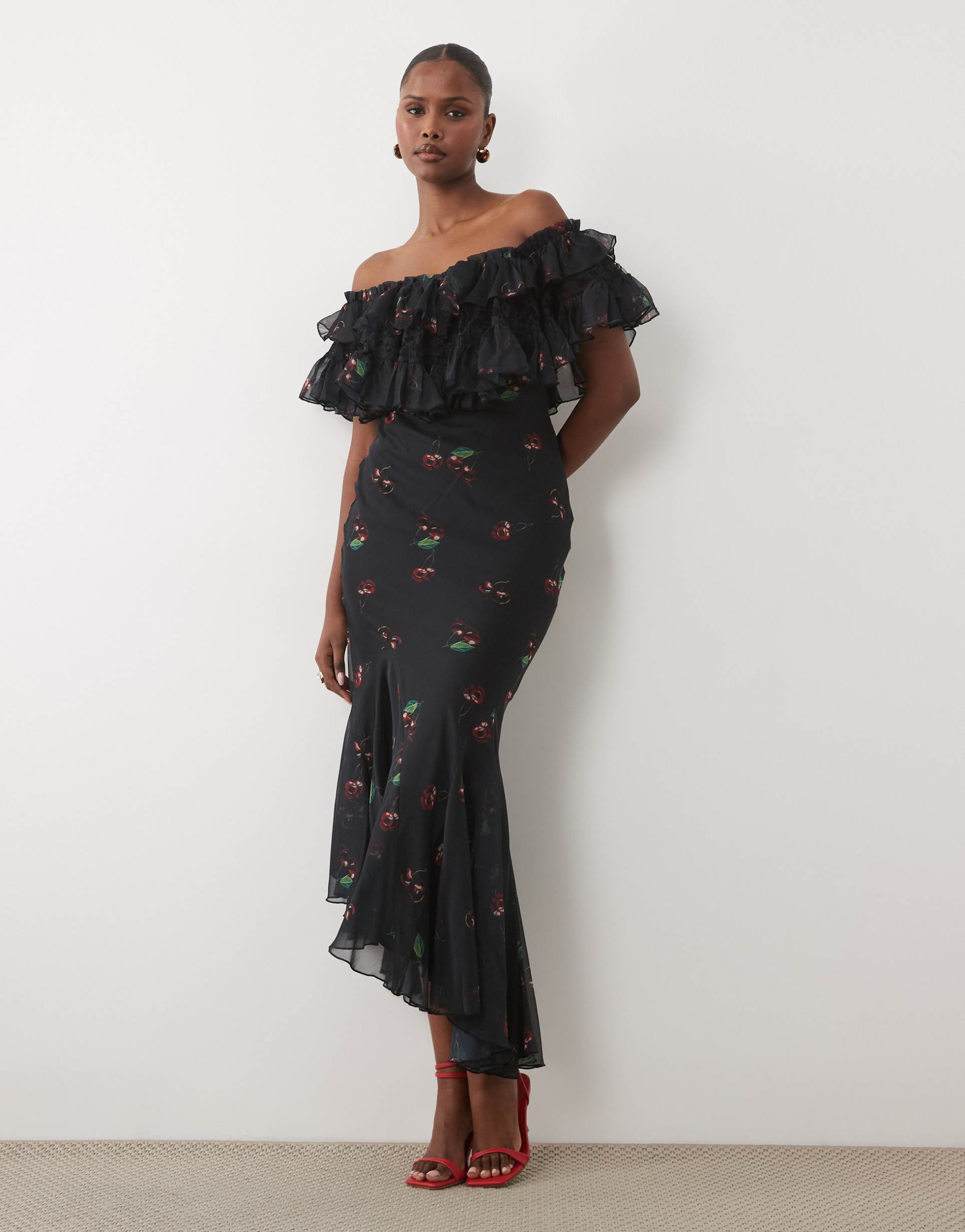 asos design lace mix off the shoulder ruffle midi dress in dark cherry print
