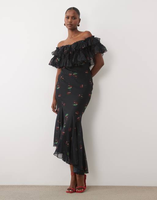 ruffle dresses midi Boho Tie Neck Dress Model Wearing Size Small Color Cotton Gauze Ruffle Midi Dress-