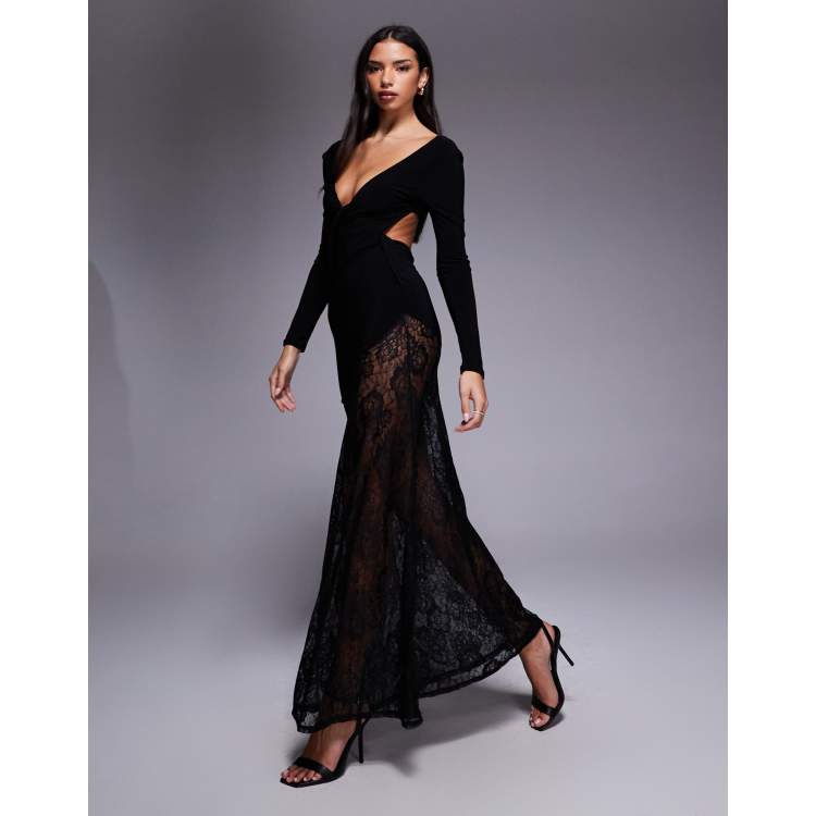 black lace long sleeve dress floor length Pinot Grigio Long Sleeve Lace Maxi Dress | Black | Womens main image 0
