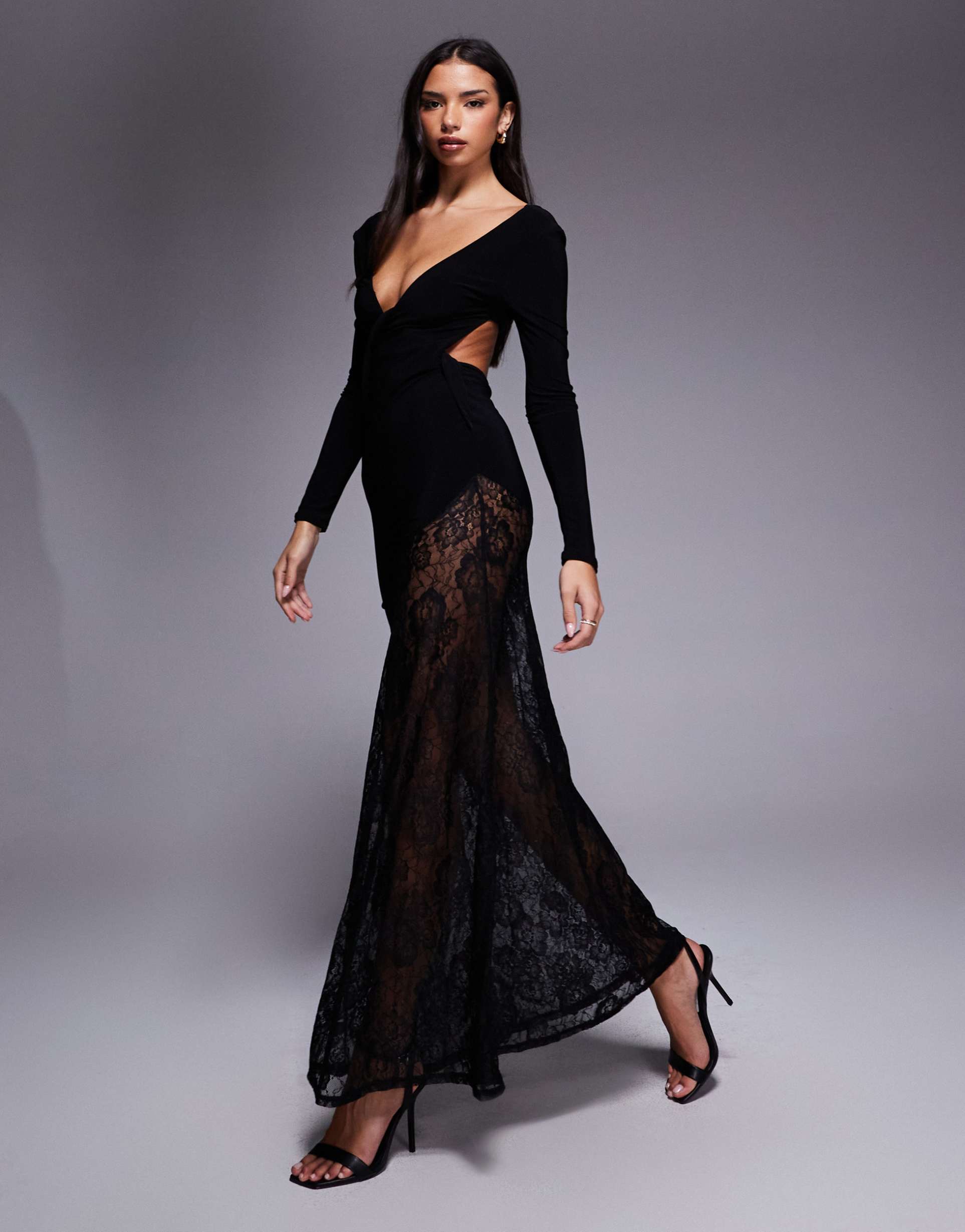 asos design lace mix slinky plunge long sleeve maxi dress in black