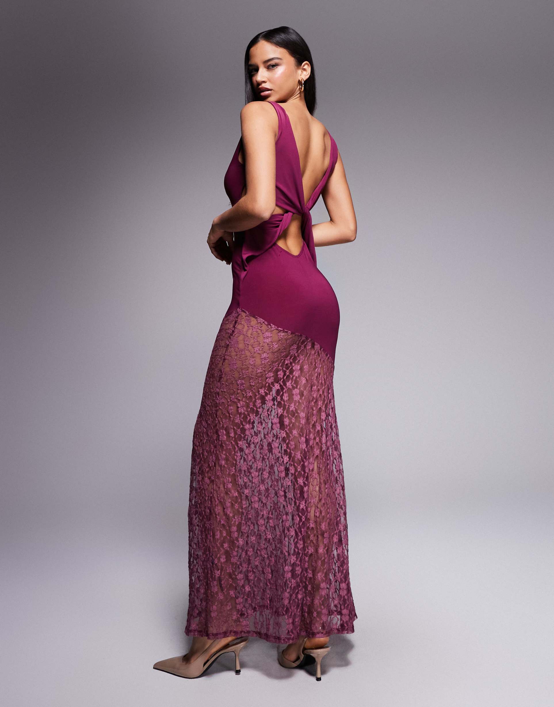 asos design lace mix slinky plunge maxi dress in plum