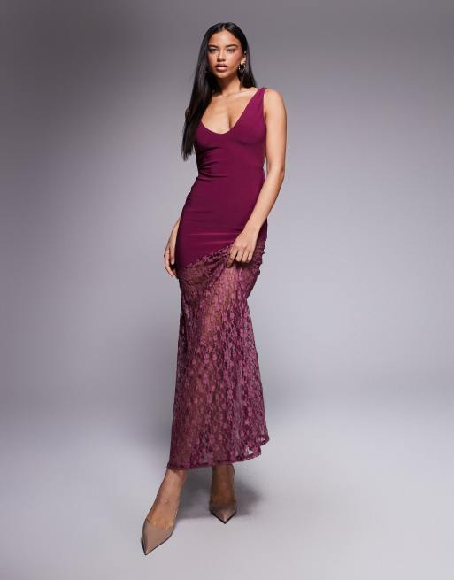 ASOS DESIGN - Stram lilla maxikjole i blandet blondestof med dyb udskæring