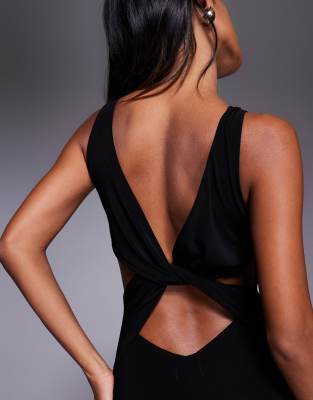 Asos Design Lace Mix Slinky Plunge Neck Dress With Cross Back In Black