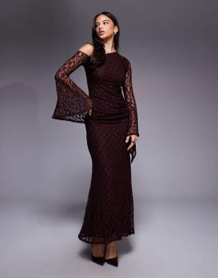 Asos Design Lace Off-shoulder Maxi Dress With Exaggerated Cuff Detail In Burgundy