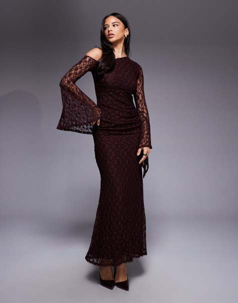 ASOS DESIGN lace off shoulder maxi dress with exaggerated cuff detail in plum