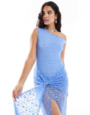 asos design lace off shoulder sarong skirt maxi dress with bodysuit in pale blue