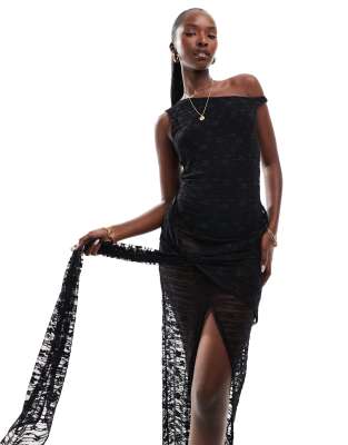 Asos Design Lace Off Shoulder Sarong Skirt Maxi With Bodysuit In Black-brown