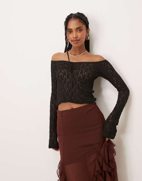ASOS DESIGN lace off shoulder top in black - view 1