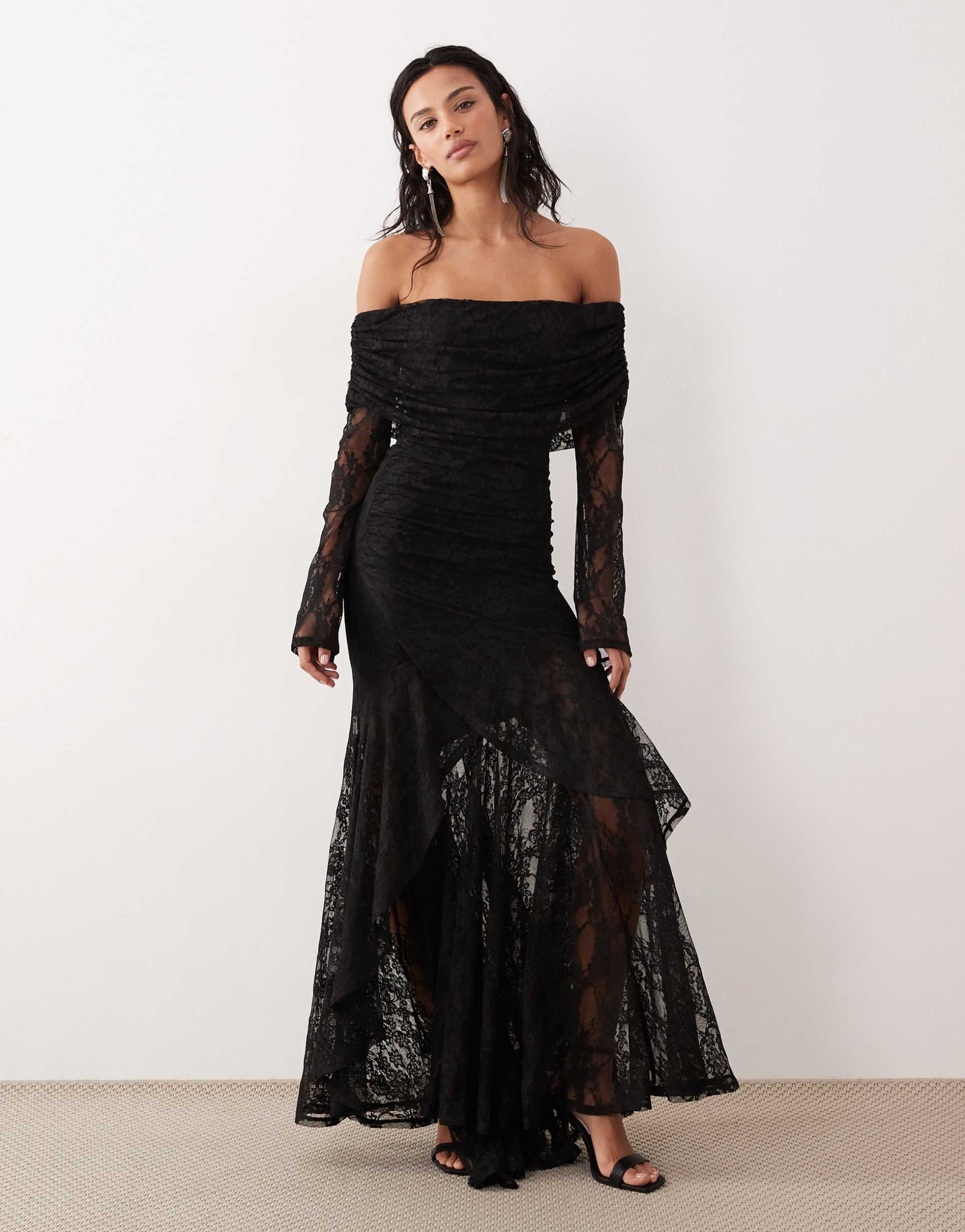 asos design lace off the shoulder long sleeve maxi dress in black