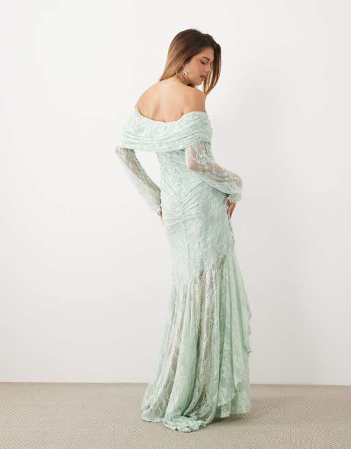 ASOS DESIGN lace off the shoulder long sleeve maxi dress in mint, 3 of 4