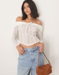 [ASOS DESIGN] ASOS DESIGN lace off the shoulder long sleeve top with tie detail in ivory-White 18 Ivory
