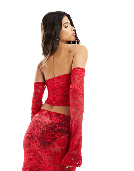 ASOS DESIGN lace bandeau top with shrug in red - part of a set