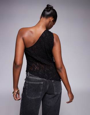 Asos Design Lace One-shoulder Asymmetric Top In Black