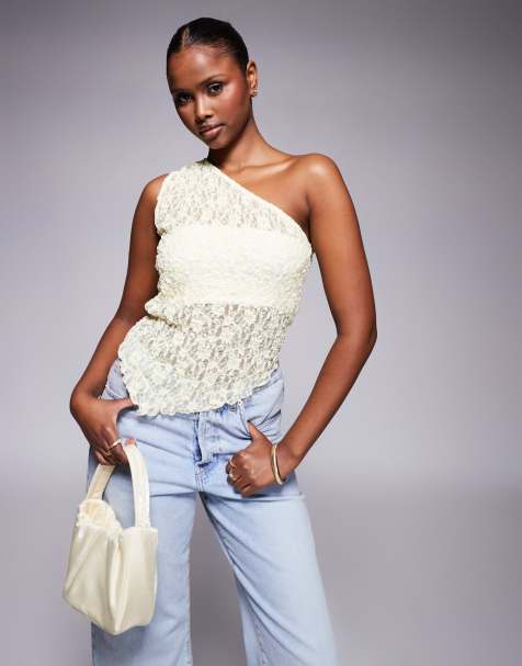ASOS DESIGN lace one shoulder asymmetric top in buttermilk - view 1